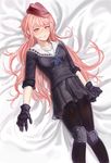  bad_id bad_pixiv_id bed bed_sheet black_gloves blush f_and_d girls_frontline gloves hat knee_pads long_hair lying ntw-20_(girls_frontline) pantyhose pink_eyes pink_hair ribbon skirt solo 