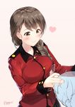  artist_name bangs blush braid brown_eyes brown_hair closed_mouth comb cutting_hair epaulettes girls_und_panzer hair_over_shoulder hand_in_another's_hair heart highres holding jacket long_hair long_sleeves military military_uniform out_of_frame red_jacket rukuriri shirosaba signature single_braid smile st._gloriana's_military_uniform standing uniform upper_body 