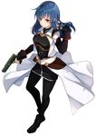  black_gloves black_legwear black_skirt blue_hair coat fingerless_gloves full_body gloves green_eyes gun kujou_ichiso long_hair looking_at_viewer maria_traydor official_art pantyhose simple_background skirt smile solo star_ocean star_ocean_anamnesis star_ocean_till_the_end_of_time trigger_discipline weapon white_background 