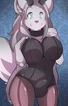  2017 anthro big_breasts big_ears big_tail breasts bulge canine clothed clothing collar dickgirl hair hand_on_breast intersex kami-chan looking_at_viewer mammal simple_background smile solo standing tight_clothing wide_hips 