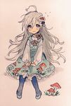  :s ahoge beige_background black_legwear black_ribbon blue_dress blue_footwear blush braid buttons clenched_hands dot_nose dress flying_sweatdrops food_print food_themed_hair_ornament frilled_dress frilled_shirt_collar frilled_sleeves frills full_body grass grey_eyes grey_hair hair_between_eyes hair_ornament hair_ribbon hoshi_shouko idolmaster idolmaster_cinderella_girls jpeg_artifacts long_hair long_sleeves looking_at_viewer mary_janes mushroom mushroom_hair_ornament mushroom_print neck_ribbon nervous oimo_(14sainobba) pantyhose pinafore_dress puffy_sleeves ribbon shadow shirt shoes side_braid single_braid sitting solo striped tareme traditional_media vertical_stripes very_long_hair white_shirt 