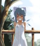  alternate_costume arms_behind_back bare_shoulders blue_hair cirno clenched_teeth closed_eyes commentary_request dress fence grin highres ice ice_wings ikaringu looking_at_viewer see-through see-through_silhouette short_hair smile solo strap sweat tan tanline teeth touhou tree white_dress wings wooden_fence 