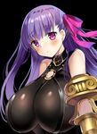  bare_shoulders belt_buckle belt_collar black_background blush breasts buckle claws cleavage commentary criss-cross_halter eyebrows_visible_through_hair fate/extra fate/extra_ccc fate/grand_order fate_(series) hair_ribbon halterneck harimoji huge_breasts long_hair looking_at_viewer looking_to_the_side o-ring o-ring_top parted_lips passion_lip pink_ribbon purple_eyes purple_hair ribbon simple_background solo very_long_hair 
