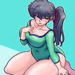  1girl black_eyes black_hair blush breasts cleavage curvy female kunou_kodachi large_breasts leotard long_hair looking_at_viewer ponytail ranma_1/2 shiny_skin side_ponytail sitting solo thick_thighs wantan-orz wide_hips 