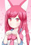  :3 academy_ahri ahri animal_ears blush breasts fox_ears hair_ornament hairclip heart heart_hair_ornament highres league_of_legends long_hair looking_at_viewer medium_breasts paw_pose ramf_(rayloos) red_hair school_uniform solo whisker_markings yellow_eyes 