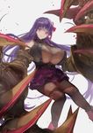  bare_shoulders belt_collar bodysuit bow breasts claws cleavage fate/extra fate/extra_ccc fate/grand_order fate_(series) hair_bow hair_ribbon highres huge_breasts kouzuki_kei legs light_smile long_hair o-ring o-ring_top pantyhose passion_lip pink_eyes purple_hair ribbon signature solo thighs very_long_hair 