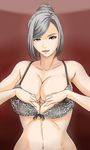  1girl bare_arms bare_shoulders black_bra bra breast_grab breasts cleavage collarbone grey_hair hair_bun highres huge_breasts looking_at_viewer navel no_glasses prison_school red_eyes sexually_suggestive shiraki_meiko silver_hair simple_background smile solo upper_body 