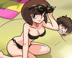  1boy 1girl angry beach bikini breasts brown_hair curvy female kunou_tatewaki looking_at_viewer ranma_1/2 sand shiny_skin short_hair smile sweat swimsuit tendou_nabiki wantan-orz 