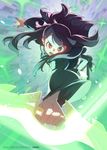  bangs blunt_bangs boots brown_hair dress frown glowing kagari_atsuko little_witch_academia lolivia long_hair long_sleeves looking_at_viewer open_mouth outstretched_arm red_eyes shiny_rod sidelocks solo sparkle watermark wide_sleeves 