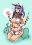  ? animal_ears apron armband artificial_vagina blush breasts cleavage commentary dark_skin earrings egyptian egyptian_clothes facial_mark fate/grand_order fate_(series) highres impossible_clothes jackal_ears jewelry kikuta kneeling large_breasts long_hair maid_apron marker_(medium) medjed navel nitocris_(fate/grand_order) purple_eyes purple_hair sidelocks sweat traditional_media very_long_hair wide_hips 