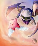  ambiguous_gender armor bat_wings boots celestiadragonknight clothing cloud eyes_closed feathered_wings feathers footwear kirby kirby_(series) mask membranous_wings meta_knight mittens nintendo open_mouth open_smile pauldron smile video_games white_feathers wings yellow_eyes 