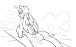  2017 anthro anthrofied armor big_breasts big_butt black_and_white breasts butt cutie_mark equine ethereal_hair feathered_wings feathers female friendship_is_magic helmet horn horse looking_at_viewer looking_back lying mammal monochrome my_little_pony nightmare_moon_(mlp) on_front pia-sama pony sharp_teeth side_boob signature sketch smile solo teeth thick_thighs towel winged_unicorn wings 