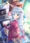  &gt;:( artist_name backpack bag bangs barefoot blue_eyes blush bottle bow breasts camera chair chinchongcha closed_mouth commentary computer controller crescent cup curtains day drawing drawing_tablet dualshock eromanga_sensei from_behind frown game_controller gamepad gradient_hair hair_bow highres holding_stylus indoors izumi_sagiri laptop light_rays long_hair long_sleeves looking_back low-tied_long_hair mask meruru_(oreimo) microwave multicolored_hair ore_no_imouto_ga_konna_ni_kawaii_wake_ga_nai pajamas pillow pink_bow pink_hair plantar_flexion randoseru refrigerator seiza shiny shiny_hair silver_hair sitting small_breasts solo star stuffed_toy stylus sunbeam sunlight table v-shaped_eyebrows very_long_hair water_bottle watermark web_address window 