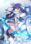  armor blue_eyes boots dress fate/extra fate/extra_ccc fate/grand_order fate_(series) from_side hair_ribbon juliet_sleeves long_hair long_sleeves looking_at_viewer meltlilith puffy_sleeves purple_hair revealing_clothes ribbon side_ponytail solo tsuedzu very_long_hair 