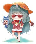  :3 aqua_hair bangs blue_hair buttons cirno cloud_print cocktail_glass collared_shirt cup curly_hair drinking_glass fairy flower hat hat_flower holding holding_cup horn kariyushi_shirt komano_aun lei long_hair multiple_girls pom_pom_(clothes) red_hat red_shirt shameimaru_aya shirt short_sleeves shorts solo_focus sun_hat sunglasses tokin_hat touhou useq1067 white_shorts 