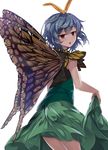  :o antennae bangs bare_arms blue_hair brown_eyes butterfly_wings disdain dress e.o. eternity_larva from_behind green_dress half-closed_eyes highres jitome lifted_by_self looking_at_viewer looking_back short_hair simple_background skirt_hold sleeveless sleeveless_dress solo touhou white_background wings 