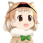  :d animal_ears black-tailed_prairie_dog_(kemono_friends) black_panties blush bow bowtie brown_eyes commentary extra_ears face fur_collar gradient green_bow kemono_friends light_brown_hair multicolored_hair mushi_gyouza object_on_head open_mouth panties panties_on_head prairie_dog_ears red_panties short_hair simple_background smile solo sweater thong two-tone_hair underwear upper_body white_background 