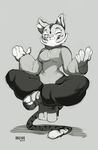  2017 anthro clothed clothing colored eastern exercise feline female green_eyes hi_res lao_tian_(character) maiz-ken mammal midget monochrome muscular muscular_female short signature simple_background smile solo stripes tales_of_the_ashes_(series) tiger white_background 