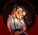  1girl arms_around_neck ashi_(samurai_jack) black_hair closed_eyes commentary couple dougi french_kiss hair_down hetero hug kiss lips mckenzie_h samurai_jack samurai_jack_(character) short_hair slime spoilers topknot 