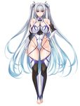  1girl ahoge aoi_nagisa_(artist) aoi_nagisa_(metalder) areola_slip areolae barefoot breasts bridal_gauntlets covered_navel elf erect_nipples full_body gluteal_fold gradient_hair hair_intakes hand_on_hip highres huge_breasts light_blue_hair long_hair looking_at_viewer multicolored_hair panties phyllis_hagerhelm pointy_ears red_eyes side-tie_panties sideboob silver_hair simple_background smile solo thong toeless_legwear twintails underwear very_long_hair white_background youkoso!_sukebe_elf_no_mori_e youkoso!_sukebe_elf_no_mori_he 