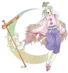  blonde_hair blue_eyes blue_hakama bunny geta hakama helmet japanese_clothes katana male_focus moon moon_rabbit ookami_(game) sandals shippou_(pattern) sword tabi tengu-geta ushiwakamaru usui_(sakuma187) weapon yumigami 