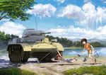  arms_up bare_arms bare_shoulders blue_shorts blue_sky brown_eyes brown_hair bucket caterpillar_tracks cleaning_brush cloud cloudy_sky collarbone day falling forest girls_und_panzer grass green_eyes green_shorts ground_vehicle highres itsumi_erika lake military military_vehicle motor_vehicle mountain multiple_girls nature nishizumi_maho nishizumi_miho open_mouth outdoors panzerkampfwagen_ii plant scenery shirt short_hair short_sleeves shorts sky sleeveless slippers tank tank_top traditional_media tree treeware tripping water white_hair wide_shot 