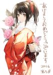  1girl 2016 bangs black_hair blush bow brown_eyes commentary_request dated floral_background floral_print flower from_side fur_trim furisode japanese_clothes kimono komecchi looking_at_viewer looking_to_the_side obi original ponytail red_bow sash sidelocks smile solo translation_request white_background 