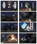  2girls 4koma anglerfish backpack bag bangs blue_jacket brown_eyes brown_hair closed_mouth comic commentary crossover crusader_(tank) emblem girls_und_panzer green_shirt ground_vehicle highres jacket kaban_(kemono_friends) kemono_friends kgs kv-2 long_sleeves looking_at_viewer looking_back lucky_beast_(kemono_friends) military military_uniform military_vehicle monster motor_vehicle multiple_girls nishizumi_miho no_hat no_headwear ooarai_military_uniform open_mouth panzerkampfwagen_iv pravda_(emblem) red_shirt shirt short_hair smile st._gloriana's_(emblem) standing tank throat_microphone tiger_i translated uniform volcano 