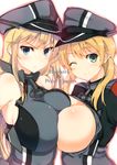  ;) bare_shoulders bismarck_(kantai_collection) blue_eyes breast_press breasts breasts_outside character_name from_side green_eyes hat highres huge_breasts kantai_collection long_hair looking_at_viewer multiple_girls non-web_source one_eye_closed open_clothes open_shirt peaked_cap prinz_eugen_(kantai_collection) ro-ga_(kurumaya) scan shirt smile sweatdrop symmetrical_docking twintails 