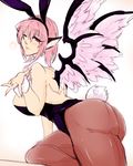  animal_ears ass bare_shoulders bird_wings blown_kiss bow bowtie breasts bunny_ears bunny_girl bunny_tail bunnysuit detached_collar fake_animal_ears highres karakure_(kamo-nanban) large_breasts leotard mystia_lorelei one_eye_closed pantyhose pink_hair solo tail touhou wings wrist_cuffs 