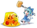  :d barefoot blue_bow blue_dress blue_eyes blue_hair bow bowtie cherry cirno dress food fork fruit full_body gelatin hair_bow ice ice_wings kiwifruit open_mouth pineapple_slice pudding puffy_short_sleeves puffy_sleeves red_bow red_neckwear shadow shinapuu short_sleeves simple_background smile solo strawberry touhou white_background wings 