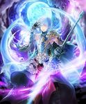  armor artist_request bare_shoulders blue_eyes cape cloud cygames elbow_gloves eyebrows_visible_through_hair eyes_visible_through_hair gloves glowing glowing_eyes glowing_weapon grimnir hair_over_one_eye hand_on_own_face heterochromia holding holding_weapon light_blue_hair official_art polearm red_eyes shadowverse shingeki_no_bahamut shoulder_armor smile sparkle spear weapon 