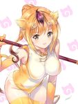  animal_ears bangs blonde_hair blush bracelet breasts brown_hair elbow_gloves eyebrows_visible_through_hair gloves golden_snub-nosed_monkey_(kemono_friends) green_eyes hair_ornament holding holding_weapon japari_symbol jewelry kemono_friends leotard looking_at_viewer medium_breasts min-naraken monkey_ears monkey_tail multicolored_hair patterned_background polearm ponytail signature simple_background smile solo tail thighhighs weapon yellow_leotard 