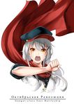  absurdres black_hat brown_eyes cape character_name cyrillic gangut_(kantai_collection) grey_hair hat highres kantai_collection long_hair lulu-chan92 oktyabrskaya_revolyutsiya_(kantai_collection) peaked_cap red_cape russian simple_background solo translated upper_body white_background 
