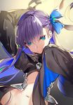  armor blue_eyes fate/extra fate/extra_ccc fate/grand_order fate_(series) hair_ribbon highres long_sleeves meltlilith navel purple_hair ribbon solo yuran 
