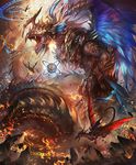  army artist_request claws cliff cygames destruction dragon dragon_riding dragon_wings fangs feathered_wings feathers horn magic_circle official_art open_mouth ouroboros_(shadowverse) scales shadowverse shingeki_no_bahamut sphere wings 