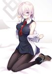  bed black-framed_eyewear blush covered_nipples dress eyes_visible_through_hair fate/grand_order fate_(series) full_body glasses hair_over_one_eye highres indoors jacket lavender_hair looking_at_viewer mash_kyrielight necktie on_bed purple_eyes red_neckwear shoes short_hair sitting smile solo thighhighs youta 