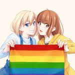  artist_name beige_background blonde_hair blue_eyes blue_sweater brown_eyes brown_hair commentary_request eiri_su eyebrows_visible_through_hair flag grin hair_between_eyes head_tilt holding holding_flag hood hoodie long_hair long_sleeves looking_at_viewer multiple_girls open_mouth original overalls rainbow_flag ribbed_sweater signature simple_background smile sweater turtleneck turtleneck_sweater yuri 
