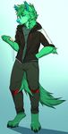  2017 4_toes 5_fingers angiewolf anthro barefoot blue_eyes blue_nose canine clothed clothing digitigrade dog fur gradient_background green_fur green_hair hair hoodie male mammal simple_background standing toes 