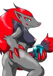  anthro black_fur blue_eyes butt butt_grab canine claws digital_media_(artwork) female fox from_behind_(disambiguation) fur grey_fur hair hand_on_butt kemono long_hair looking_at_viewer looking_back mammal mouth_closed multicolored_fur nintendo nipples pok&eacute;mon red_claws red_fur red_hair sharp_claws simple_background smile solo tarian video_games white_background zoroark 