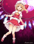  :d aibumi bad_id bad_pixiv_id blonde_hair crystal flandre_scarlet full_moon hat highres mary_janes mob_cap moon open_mouth puffy_short_sleeves puffy_sleeves red_eyes shoes short_sleeves side_ponytail smile solo the_embodiment_of_scarlet_devil touhou wings wrist_cuffs 
