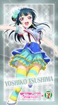  2016 7-eleven :d absurdres aozora_jumping_heart black_hair blue_flower blue_footwear blue_skirt blush boots character_name copyright_name floating_hair flower frilled_skirt frills grey_background hair_flower hair_ornament highres layered_skirt leg_up long_hair looking_at_viewer love_live! love_live!_sunshine!! maid_headdress miniskirt official_art open_mouth outstretched_arms red_eyes short_sleeves skirt smile solo striped striped_legwear suspender_skirt suspenders thighhighs tsushima_yoshiko zettai_ryouiki 