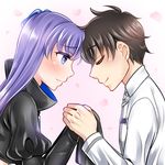  1girl black_hair blue_eyes blush closed_eyes commentary_request fate/extra fate/extra_ccc fate/grand_order fate_(series) forehead-to-forehead fujimaru_ritsuka_(male) hair_ribbon long_hair mabo-udon meltlilith purple_hair ribbon short_hair simple_background smile very_long_hair 