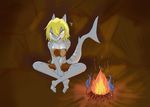  2015 anthro blonde_hair blush breasts clothed clothing female fire fish food grey_body hair inside looking_at_viewer marine open_mouth shark sitting solo wood xan_(pixiv) yellow_eyes 
