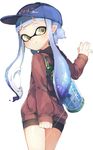  baseball_cap bike_shorts blue_hair covering covering_ass domino_mask from_behind green_eyes hat highres inkling long_hair looking_back mask pointy_ears shirt short_hair_with_long_locks shorts sidelocks smile solo splatoon_(series) sprbouuz tentacle_hair 