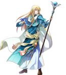  bangs blonde_hair blue_dress blue_eyes boots cape dress fire_emblem fire_emblem:_rekka_no_ken fire_emblem_heroes full_body highres holding itagaki_hako long_hair long_sleeves looking_away lucius male_focus official_art solo staff transparent_background 