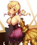  bangs bare_shoulders black_legwear blonde_hair blush breasts choker claws collarbone commentary_request corset cosplay drill_hair fate/extra fate/extra_ccc fate_(series) hair_ribbon large_breasts looking_at_viewer mahou_shoujo_madoka_magica pantyhose passion_lip passion_lip_(cosplay) po_ni purple_ribbon purple_skirt ribbon skirt solo striped striped_skirt sweat tomoe_mami twin_drills 