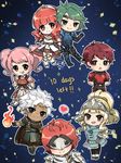  3girls 4boys alm_(fire_emblem) armor armored_boots artist_name blonde_hair boey_(fire_emblem) boots brown_eyes cape celica_(fire_emblem) chibi circlet clair_(fire_emblem) conrad_(fire_emblem) countdown curly_hair dark_skin fire fire_emblem fire_emblem_echoes:_mou_hitori_no_eiyuuou gloves green_eyes green_hair heart highres long_hair lukas_(fire_emblem) mae_(fire_emblem) mask multiple_boys multiple_girls open_mouth orange_hair pink_hair ponytail red_eyes red_hair tcong teeth tiara tongue tongue_out twintails white_hair 