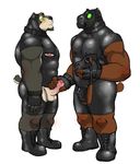  2017 anthro balls bear beard black_nose blush bodysuit boots brown_fur canine clothing digital_drawing_(artwork) digital_media_(artwork) dog duo erection facial_hair footwear fur gas_mask green_eyes hair handjob hi_res humanoid_penis hyenaface hypnosis male male/male mammal mask mind_control muscular muscular_male nipples penis rubber sex shiny simple_background skinsuit spiral_eyes standing tight_clothing white_background 