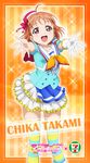  2016 7-eleven :d absurdres ahoge aozora_jumping_heart blue_shirt bow character_name collarbone copyright_name earrings eyebrows_visible_through_hair frilled_skirt frills hair_bow hat hat_ribbon highres jewelry layered_skirt looking_at_viewer love_live! love_live!_sunshine!! mini_hat miniskirt official_art open_mouth orange_background orange_hair red_bow red_eyes red_ribbon ribbon shirt short_hair skirt smile solo standing striped striped_legwear takami_chika thighhighs white_hat white_skirt 